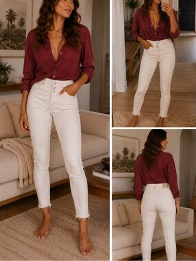 Free People We The Free Ivory Cropped Jeans High Rise Raw Hem - Size 30